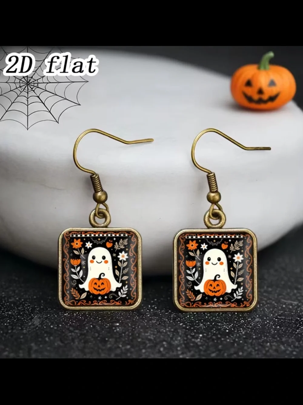 Halloween Ghost Pumpkin Drop Earrings - Gold Tone with Black & Orange Accents
